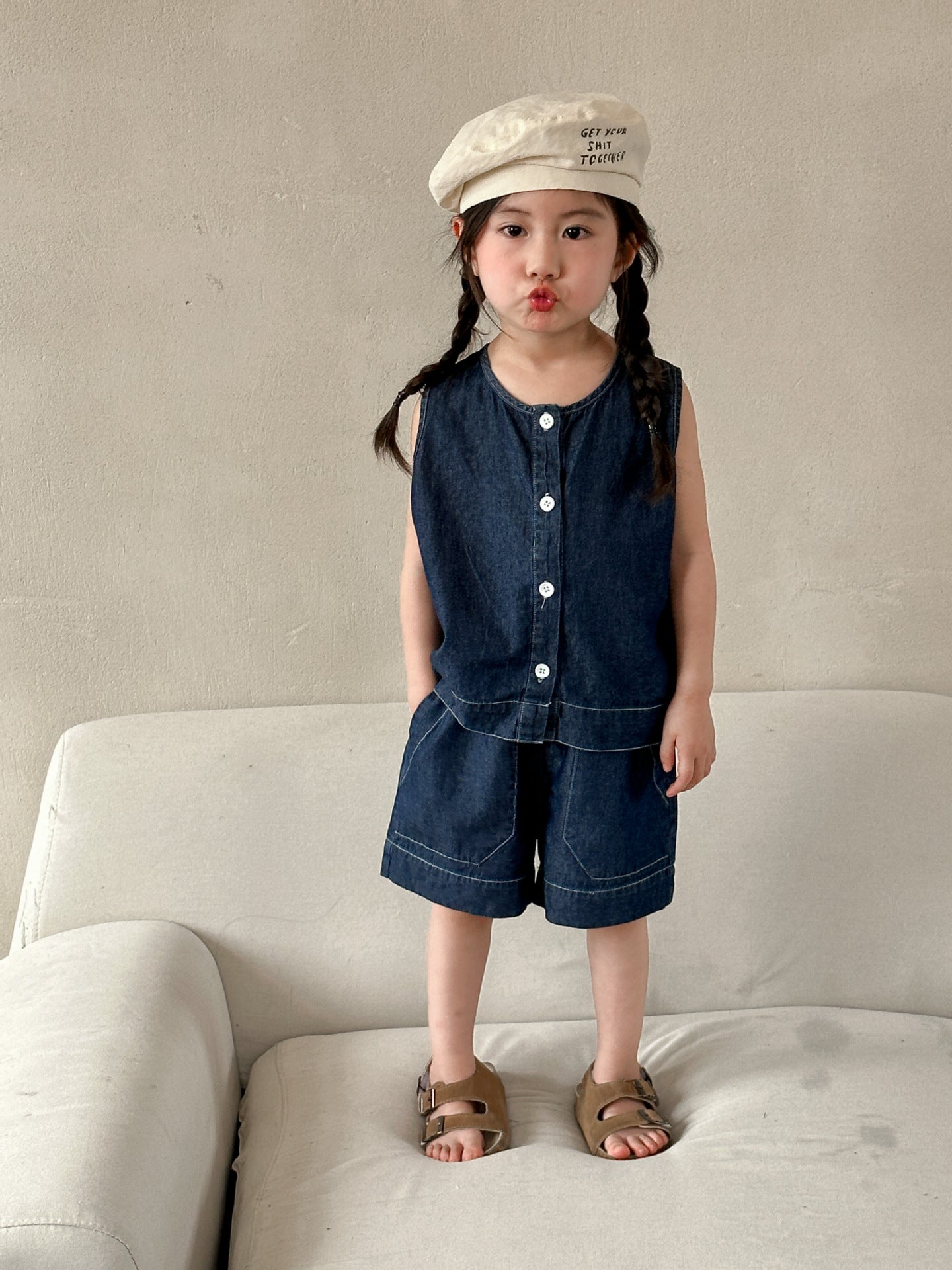 Unisex Siblings Denim Vest Shorts Sets